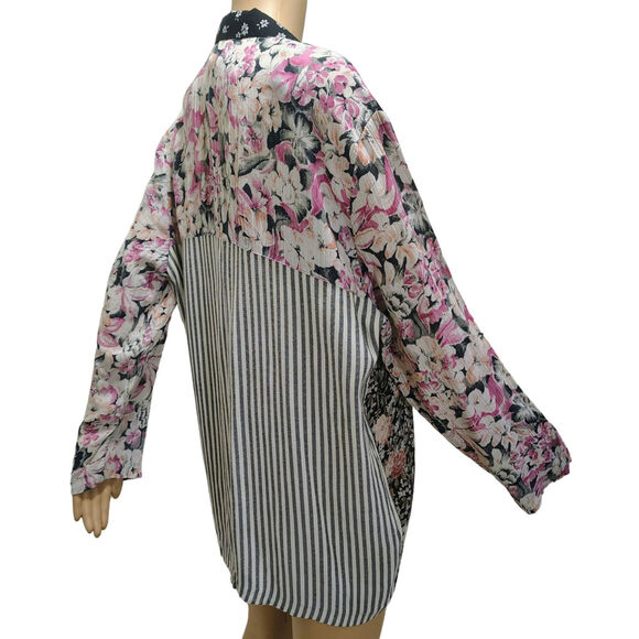 90s Patchwork Floral Striped Light Weight Box Cut Blazer Fold Down Collar Sz Sm - Picture 4 of 7